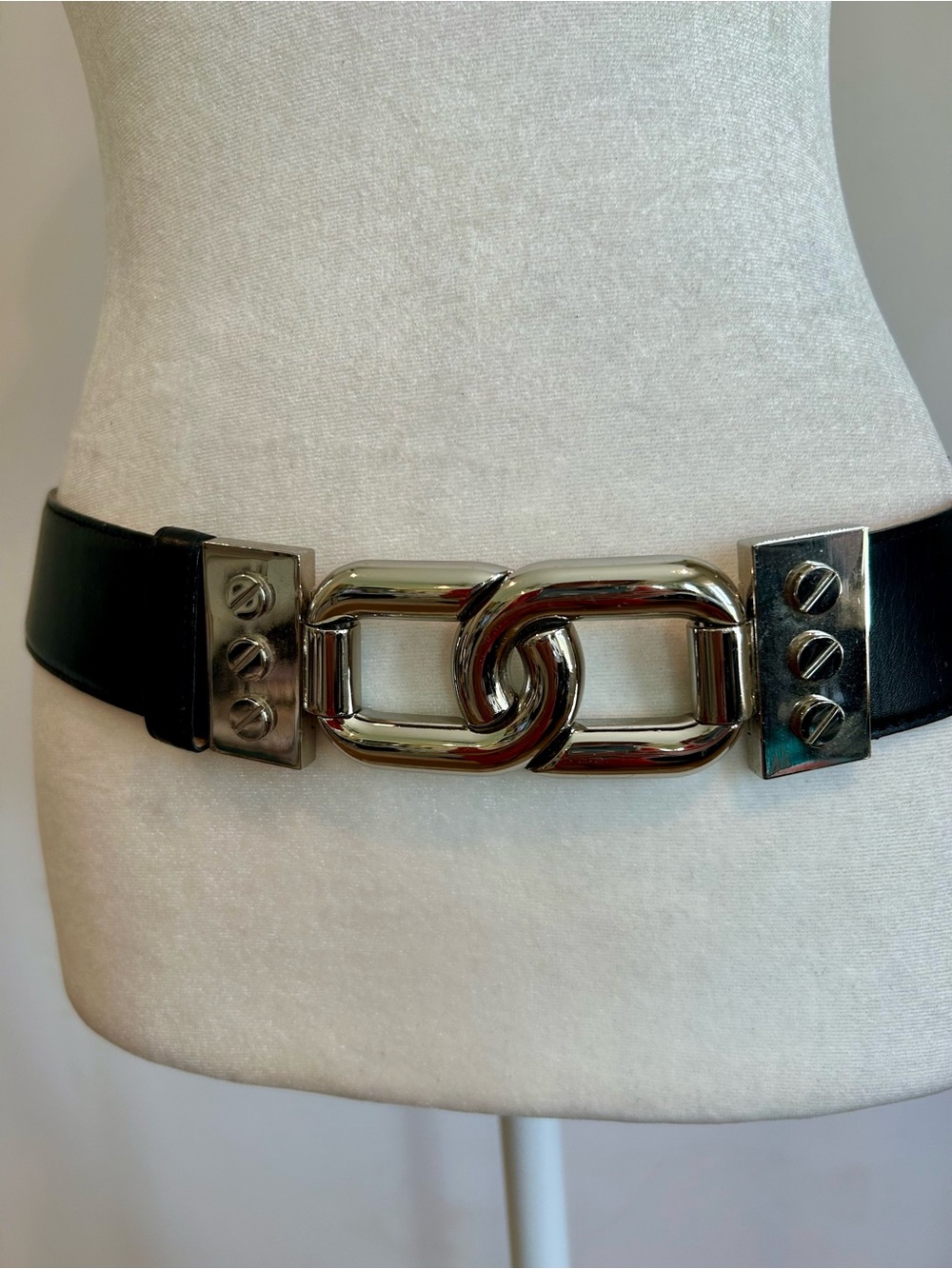 Per Se Black Leather Belt with Silver Interlocking Link Buckle EUC Sz M GUC